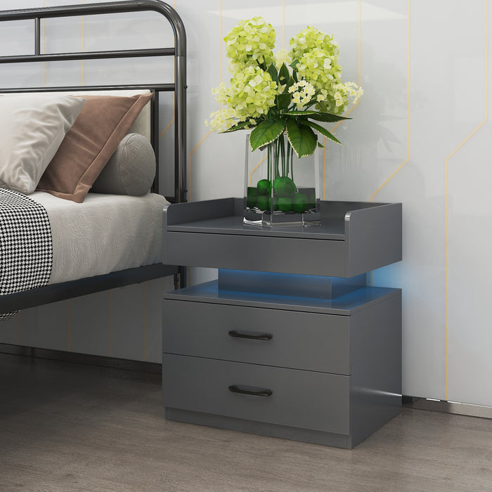1 Set Nightstand with Adjustable LED Strip Light, 2-drawers, Large Storage Space, Suitable for Bedside Table, Coffee Table, Sofa Side Table or End Table for Study Desk