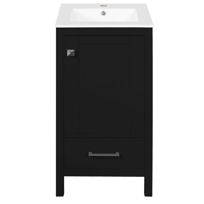 18-Inch Modern Bathroom Vanity with Ceramic Sink, Soft-Close Drawers, Door Organizer, Divider Drawer, Adjustable Foot Pads – Black Solid Wood Frame, Zinc Alloy Handles for Compact Spaces.