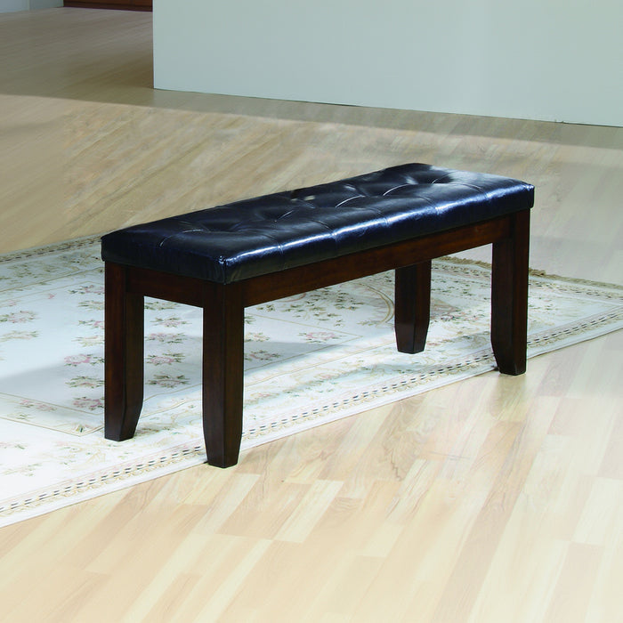1Pc Modern Bench with Leather-Look Seat Tufted Upholstery Tapered Wood Legs Bedroom Living Room Furniture Cherry Brown Finish