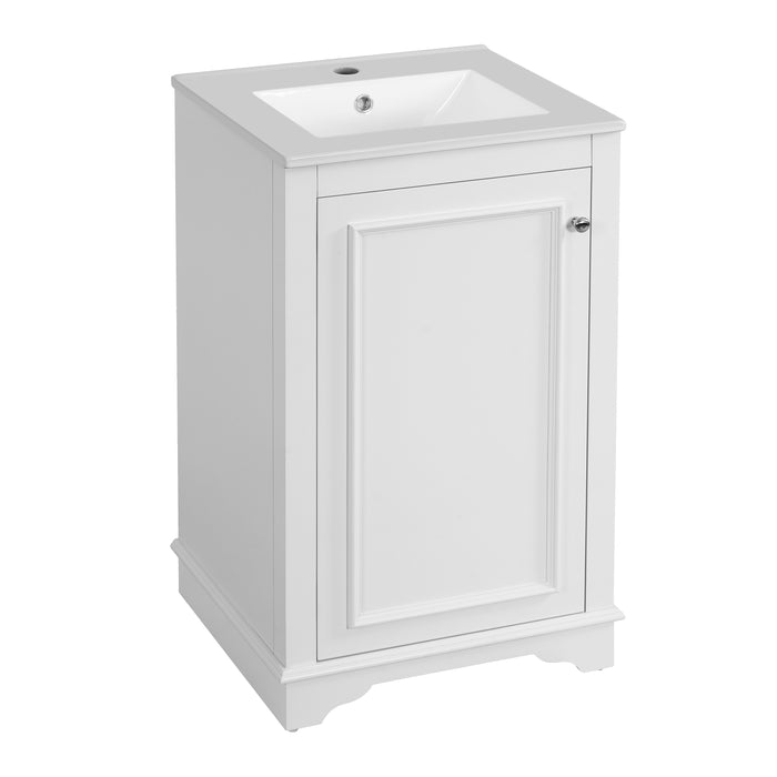 20-inch Modern Bathroom Vanity with Ceramic Sink, Freestanding Single Cabinet Set, White Finish, Solid Pine and MDF Construction, Soft-Close Door, Adjustable Shelf