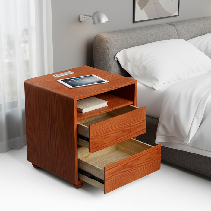 20'Modern Nightstand with 2 Drawers And Shelves Solid Wood Night Stand with Charger Station Mid Century Bedside Table Curved Wood Side Table-Walnut