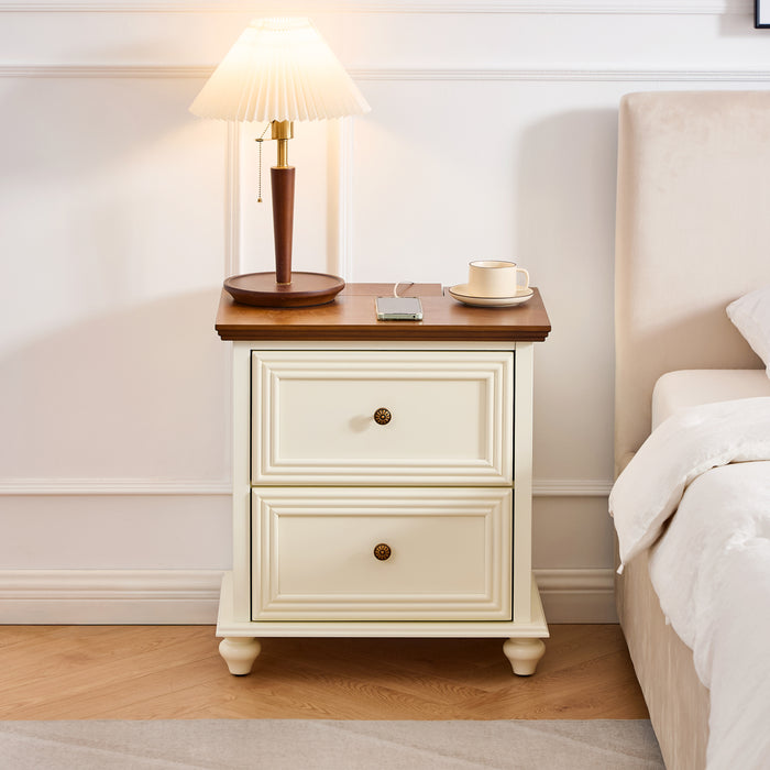 22.9' Mid Century Modern Nightstand with Charging Station & Outlet Hole & 2 Drawers, Wood End Table with Stroage, Side Cabinet with for Living Room Entryway Reception Room, Brown and White