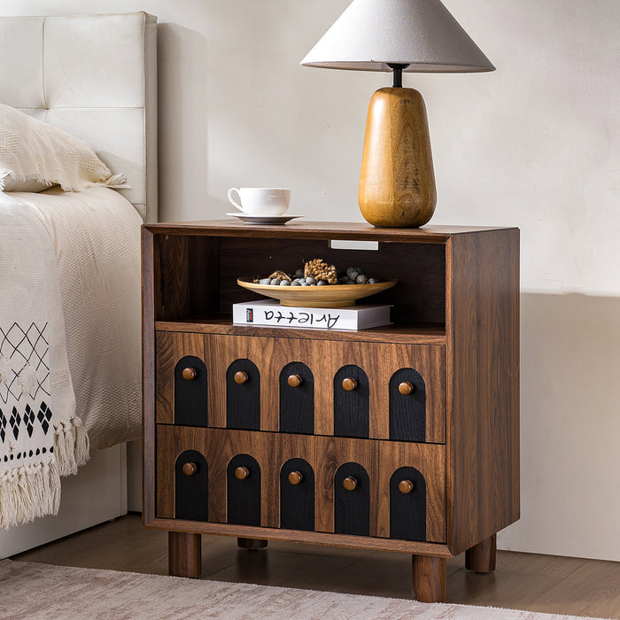 26' Tall Modern Nightstand with Charging Station, 23.75'' Wide Wood Bedside Table w/2 Storage Drawers, Large Mid Century End Table for Bedroom, Living Room, Curve mirror Design