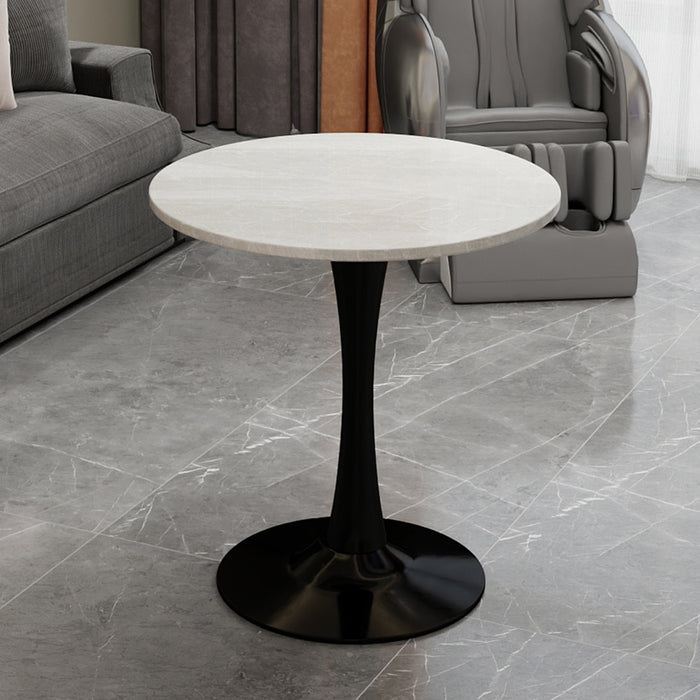 27.6-inch black coffee table, mid-century modern style dining table, accommodates 2-4 people, featuring a round white-veined marble tabletop, suitable for various settings.