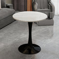 27.6-inch black coffee table, mid-century modern style dining table, accommodates 2-4 people, featuring a round white-veined marble tabletop, suitable for various settings.