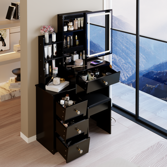 29.2' Small Size Bedside Cabinet Vanity Table + Cushioned Stool, 2 AC+2 USB Power Station, Hair dryer bracket, Extra Large Touch Control Sliding LED Mirror, 3-color Switching, EPA, GCC, UL Certificate