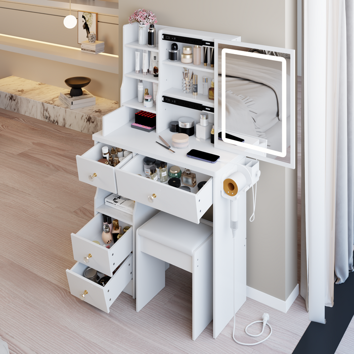 29.2' Small Size Drawer Desktop Vanity Table + Cushioned Stool, 2 AC+2 USB Power Station, Hair dryer bracket, Extra Large Touch Control Sliding LED Mirror, 3-color Switching, EPA, GCC, UL Certificate