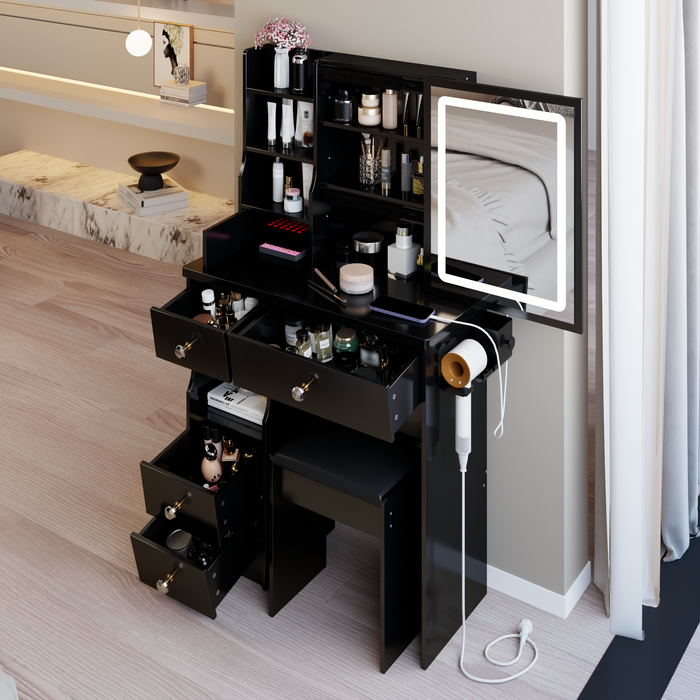 29.2' Small Size Drawer Desktop Vanity Table + Cushioned Stool, 2 AC+2 USB Power Station, Hair dryer bracket, Extra Large Touch Control Sliding LED Mirror, 3-color Switching, EPA, GCC, UL Certificate
