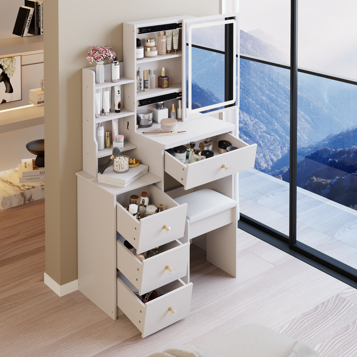 29.2' Small Size Left Bedside Cabinet LED Mirror Vanity Table + Cushioned Stool, Large Sliding, Touch Control, 3-color Switch, Brightness Adjust Mirror, High Capacity Storage, EPA, GCC, UL Certificate