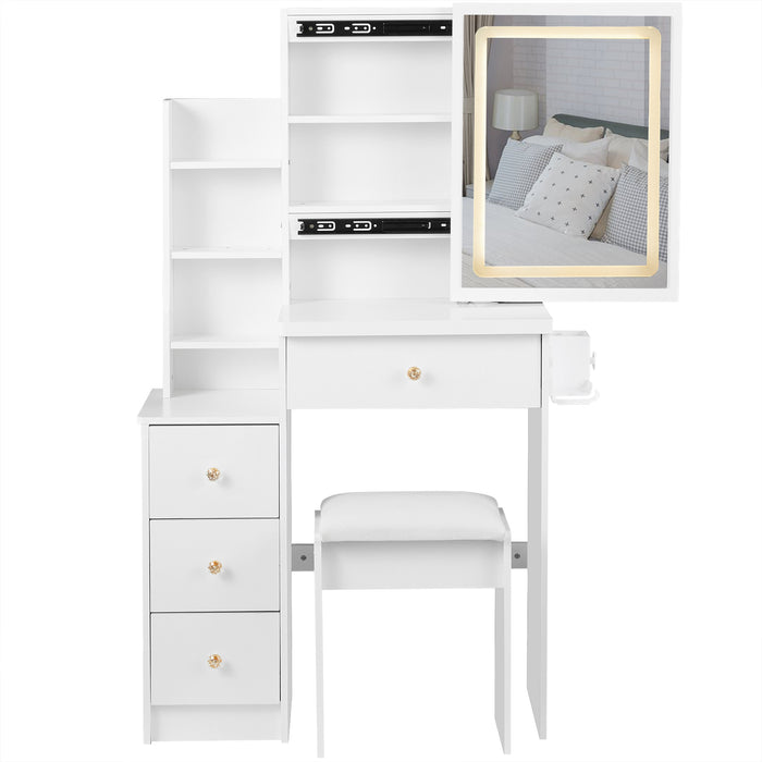 29.2' Small Size Left Bedside Cabinet Vanity Table + Cushioned Stool, 2 AC+2 USB Power Station, Hair dryer bracket, Extra Large Touch Control Sliding LED Mirror, Tri-color Switching, Brightness Adjust