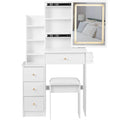 29.2' Small Size Left Bedside Cabinet Vanity Table + Cushioned Stool, 2 AC+2 USB Power Station, Hair dryer bracket, Extra Large Touch Control Sliding LED Mirror, Tri-color Switching, Brightness Adjust