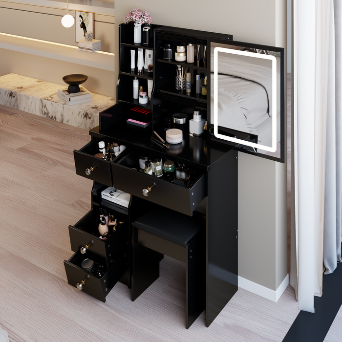 29.2' Small Size Left Drawer Desktop Vanity Table + Cushioned Stool, Large Sliding, Touch Control, Tri-color Switching, Brightness Adjust LED Mirror, High Capacity Storage, Suitable for Small Space