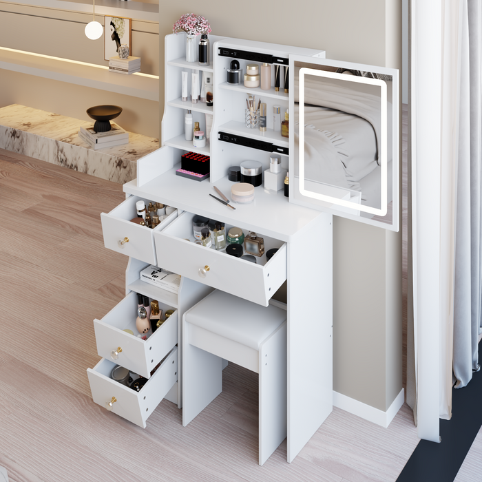 29.2' Small Size Left Drawer Desktop Vanity Table + Cushioned Stool, Large Sliding, Touch Control, Tri-color Switching, Brightness Adjust LED Mirror, High Capacity Storage, Suitable for Small Space