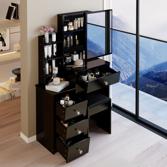 29.2' Small Space Left Bedside Cabinet Vanity Table + Cushioned Stool, Extra Large Right sliding mirror, Multi Layer High Capacity Storage, Practical Fashionable Dresser, Suitable For Small Space