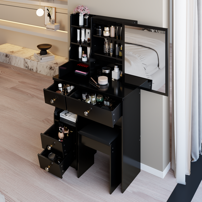 29.2' Small Space Left Drawer Desktop Vanity Table + Cushioned Stool, Extra Large Right sliding mirror, Multi Layer High Capacity Storage, Practical Fashionable Dresser, Suitable For Small Space