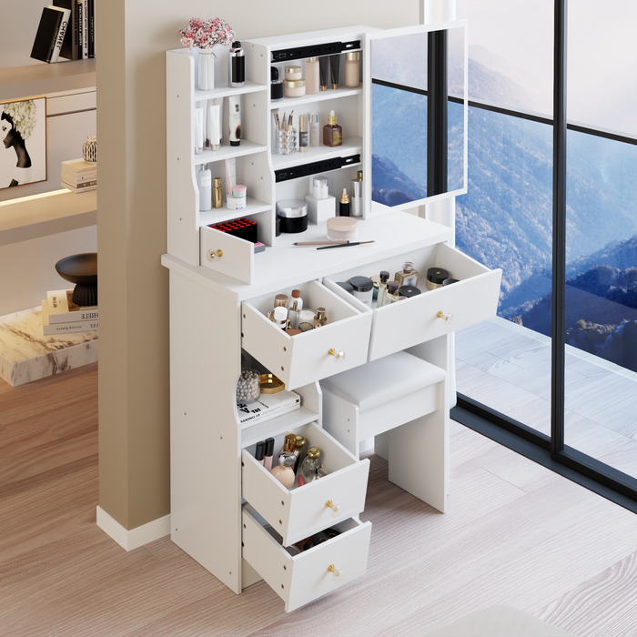 29.2' Small Space Left Drawer Desktop Vanity Table + Cushioned Stool, Extra Large Right sliding mirror, Multi Layer High Capacity Storage, Practical Fashionable Dresser, EPA, GCC, UL Certificate