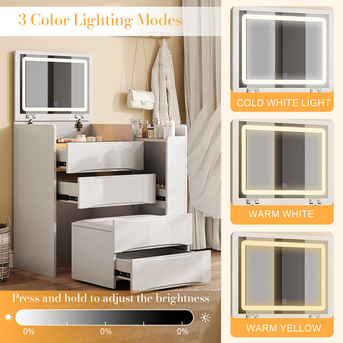 3-in-1 Flip Mirror Vanity Desk with Lights & Storage, Makeup Dressing Table with Adjustable LED