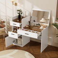 3-in-1 Vanity Desk with Flip Top Mirror, Glass Top Compact Makeup Vanity & Hidden Storage, Vanity Table with 3 Drawers and Cabinet, Space-Saving Dressing Tablefor Bedroom, White