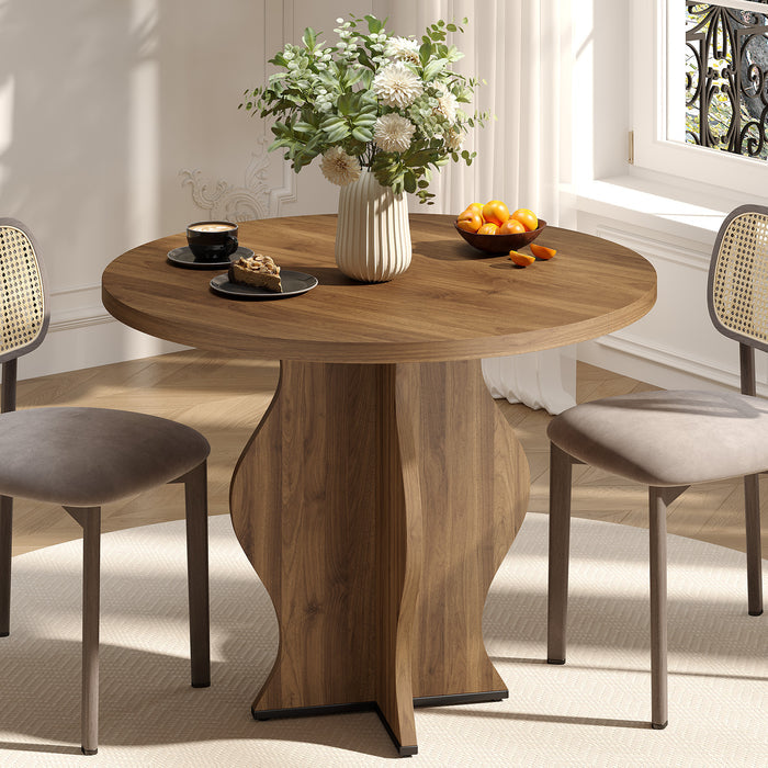 31.5 Inch Small Round Dining Table for 2, Walnut Farmhouse Round Kitchen Table, Wave Pedestal Base, Space-Saving Circle Dining Table for Apartment, Breakfast Nook, Dining Room
