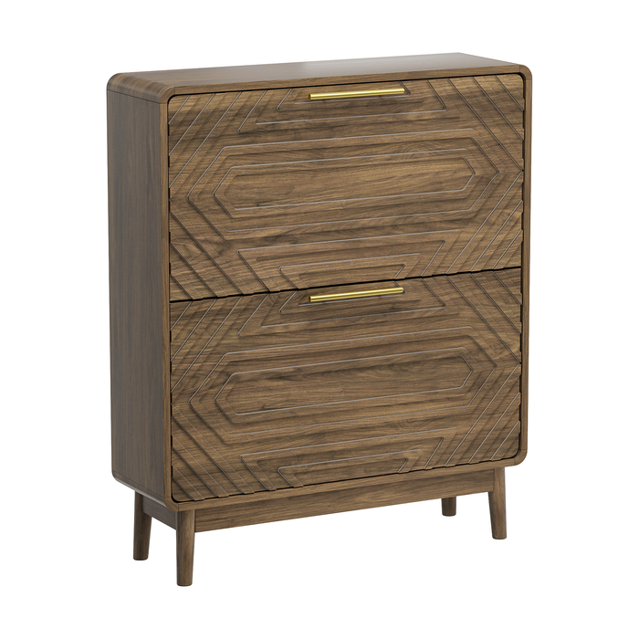 31.5' Walnut Mid-Century Modern Freestanding Shoe Cabinet with 2 Flip-Top Drawers, Solid Wood Legs, MDF Construction, Ideal for Entryway, Hallway, and Foyer