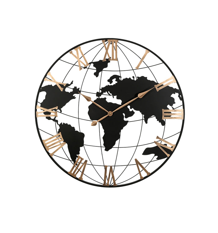 36 Inch Extra Giant Large Black Metal Wall Clock, Modern Silent World Map Wall Clock with Vintage Gold Roman Numeral, Decorative for Living Room, Entryway, Dinning Room, Bedroom