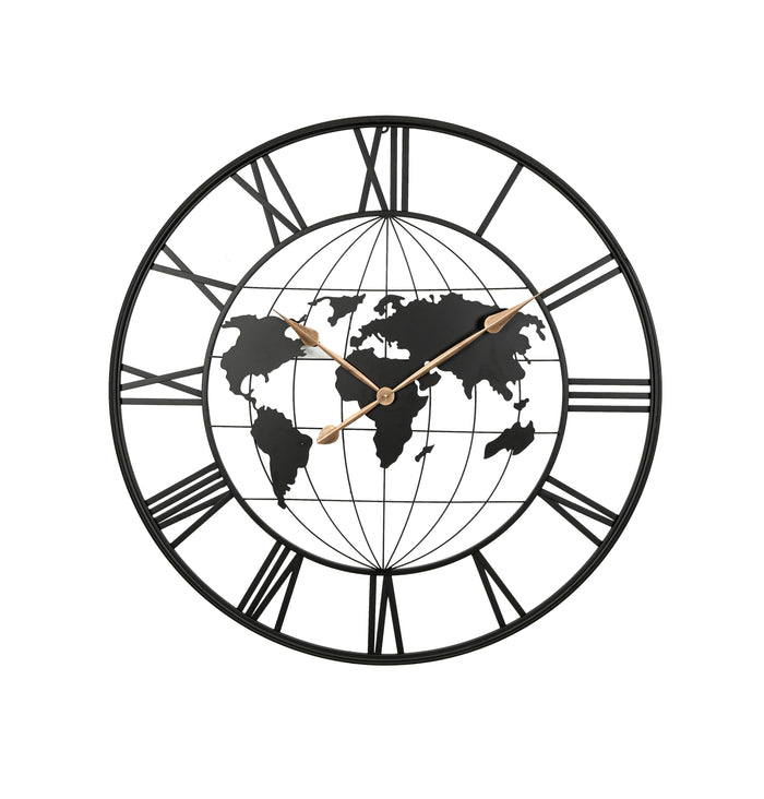 36 Inch Large Black Metal Wall Clock, Modern Silent World Map Wall Clock with Gold Pointers, Decorative for Living Room, Entryway, Dinning Room, Bedroom