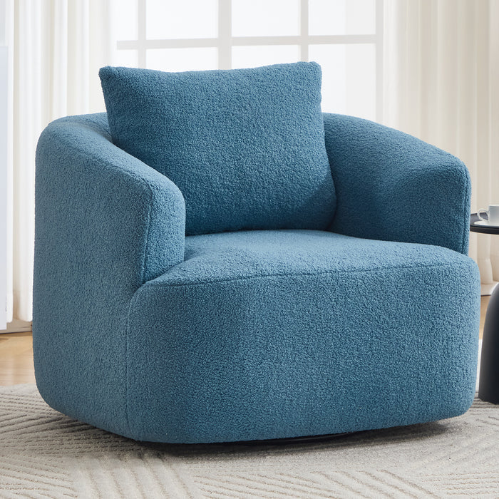 360° Swivel Round Upholstered Comfy Chair With One Soft Pillow, Teddy Fleece High-Resilience Sponge Single Sofa, No Assembly for Living Room, Bedroom, Apartment, Blue