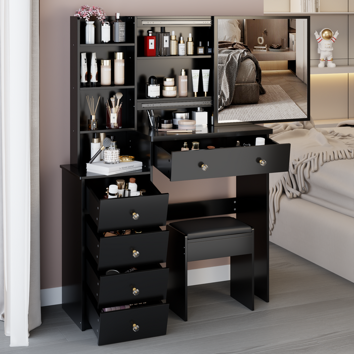 37' Left Bedside Cabinet Dressing Table + Cushioned Stool, Extra Large Right Sliding Mirror, Multi Layer High Capacity Storage, Practical Fashionable Makeup Vanity Table Set, EPA, GCC, UL Certificate