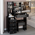 37' Left Bedside Cabinet Dressing Table + Cushioned Stool, Extra Large Right Sliding Mirror, Multi Layer High Capacity Storage, Practical Fashionable Makeup Vanity Table Set, EPA, GCC, UL Certificate