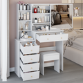 37' Left Bedside Cabinet Dressing Table + Cushioned Stool, Extra Large Right Sliding Mirror, Multi Layer High Capacity Storage, Practical Fashionable Makeup Vanity Table Set, EPA, GCC, UL Certificate