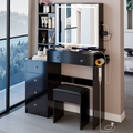 37' Left Bedside Cabinet Vanity Table + Cushioned Stool, 2 AC+2 USB Socket, Hair Dryer Stand, Large Touch Control LED Sliding Mirror, 3-color Switch Makeup Dressing Set, EPA, GCC, UL Certificate