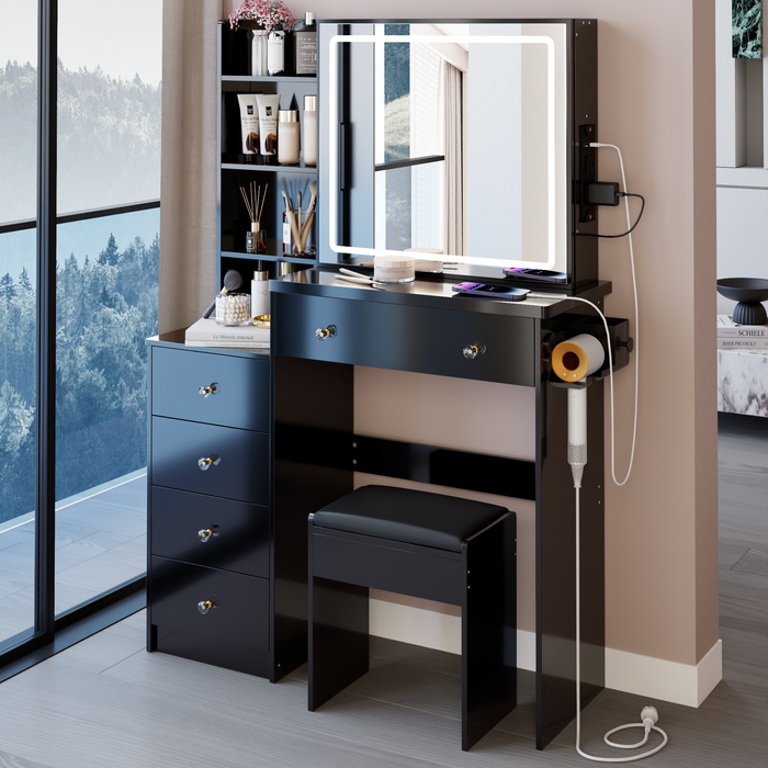37' Left Bedside Cabinet Vanity Table + Cushioned Stool, 2 AC+2 USB Socket, Hair Dryer Stand, Large Touch Control LED Sliding Mirror, 3-color Switch Makeup Dressing Set, EPA, GCC, UL Certificate