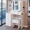 37' Left Bedside Cabinet Vanity Table + Cushioned Stool, 2 AC+2 USB Socket, Hair Dryer Stand, Large Touch Control LED Sliding Mirror, 3-color Switch Makeup Dressing Set, EPA, GCC, UL Certificate