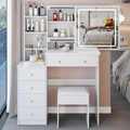 37' Left Bedside LED Dressing Table + Cushioned Stool, Large Sliding, Touch Control, 3-color Switching Mirror, Multi Layer High Capacity Storage Fashion Makeup Vanity Set, EPA, GCC, UL Certificate