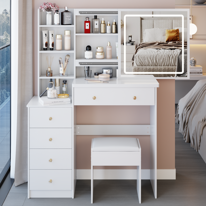 37' Left Bedside LED Dressing Table + Cushioned Stool, Large Sliding, Touch Control, 3-color Switching Mirror, Multi Layer High Capacity Storage Fashion Makeup Vanity Set, EPA, GCC, UL Certificate