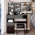 37' Left Drawer Desktop LED Vanity Table + Cushioned Stool, Large Sliding, Touch Control, 3-color Switching Mirror, High Capacity Storage Fashionable Makeup Dressing Set, EPA, GCC, UL Certificate