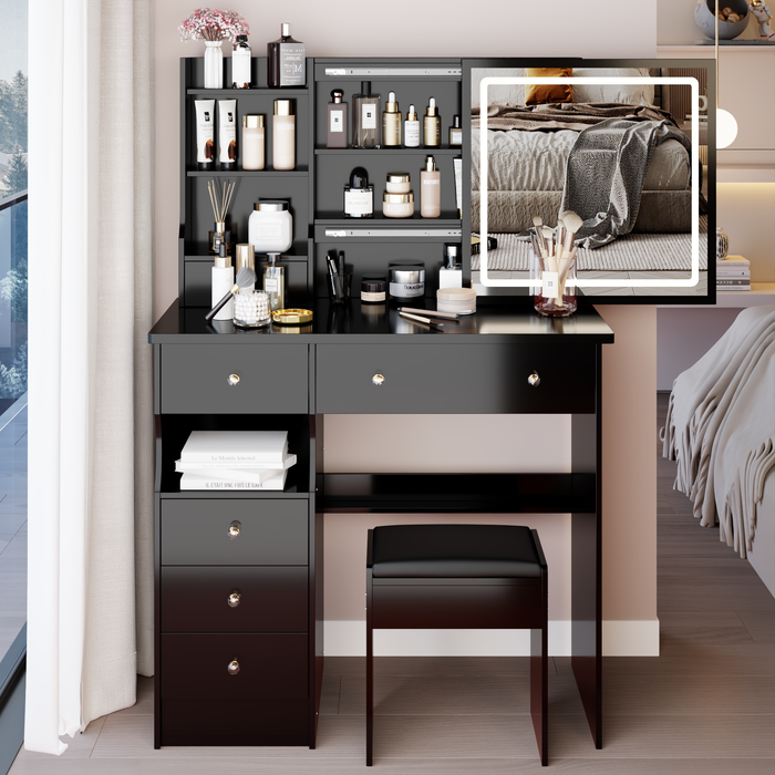 37' Left Drawer Desktop LED Vanity Table + Cushioned Stool, Large Sliding, Touch Control, 3-color Switching Mirror, High Capacity Storage Fashionable Makeup Dressing Set, EPA, GCC, UL Certificate