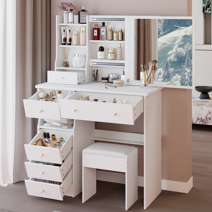 37' Left Drawer Desktop Makeup Vanity Table + Cushioned Stool, Extra Large Right Sliding Mirror, Multi Layer High Capacity Storage, Practical Fashionable Makeup Dressing Set, EPA, GCC, UL Certificate