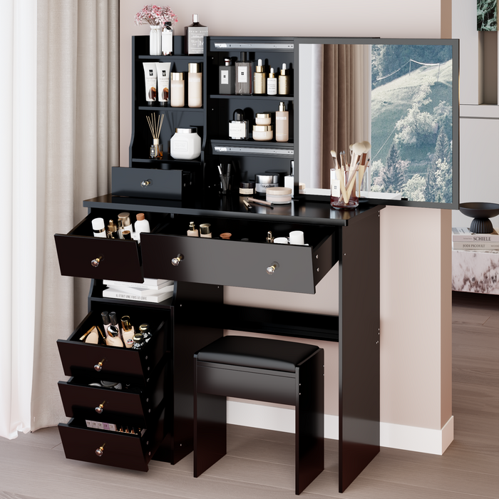 37' Left Drawer Desktop Makeup Vanity Table + Cushioned Stool, Extra Large Right Sliding Mirror, Multi Layer High Capacity Storage, Practical Fashionable Makeup Dressing Set, EPA, GCC, UL Certificate