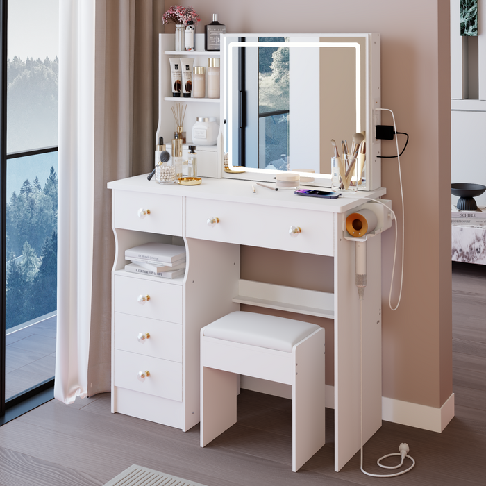 37' Left Drawer Desktop Vanity Table + Cushioned Stool, 2 AC+2 USB Socket, Hair Dryer Stand, Large Touch Control LED Sliding Mirror, 3-color Switch Makeup Dressing Set, EPA, GCC, UL Certificate
