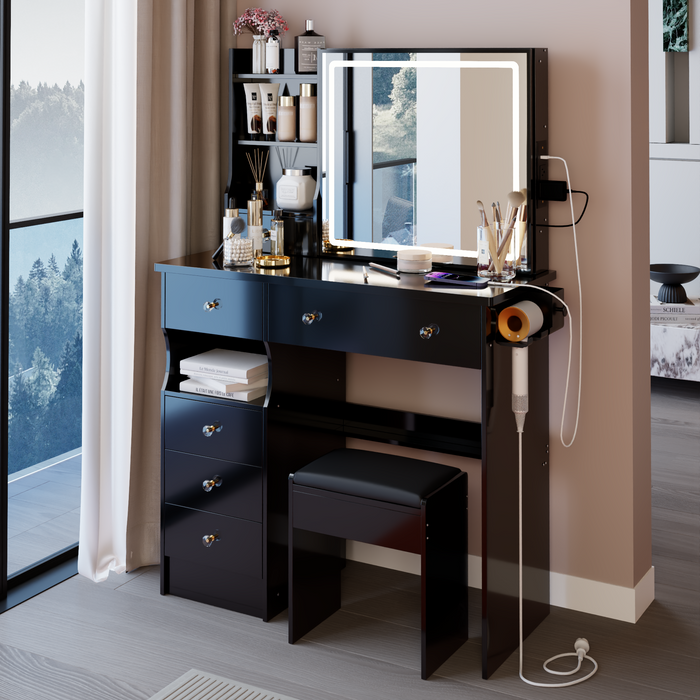 37' Left Drawer Desktop Vanity Table + Cushioned Stool, 2 AC+2 USB Socket, Hair Dryer Stand, Large Touch Control LED Sliding Mirror, 3-color Switch Makeup Dressing Set, EPA, GCC, UL Certificate