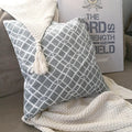 A grey square throw pillow with a white diamond pattern and tassel rests on a beige textured throw blanket on a couch, with a framed picture visible behind it