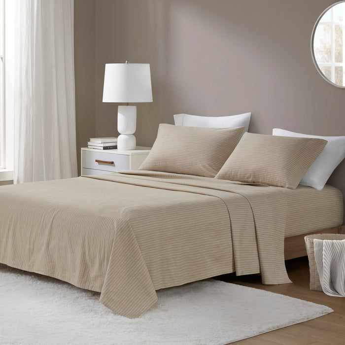 4-Piece Cal King 100% Cotton Printed Sheet Set,Beige/White Stripes