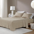 4-Piece Cal King 100% Cotton Printed Sheet Set,Beige/White Stripes