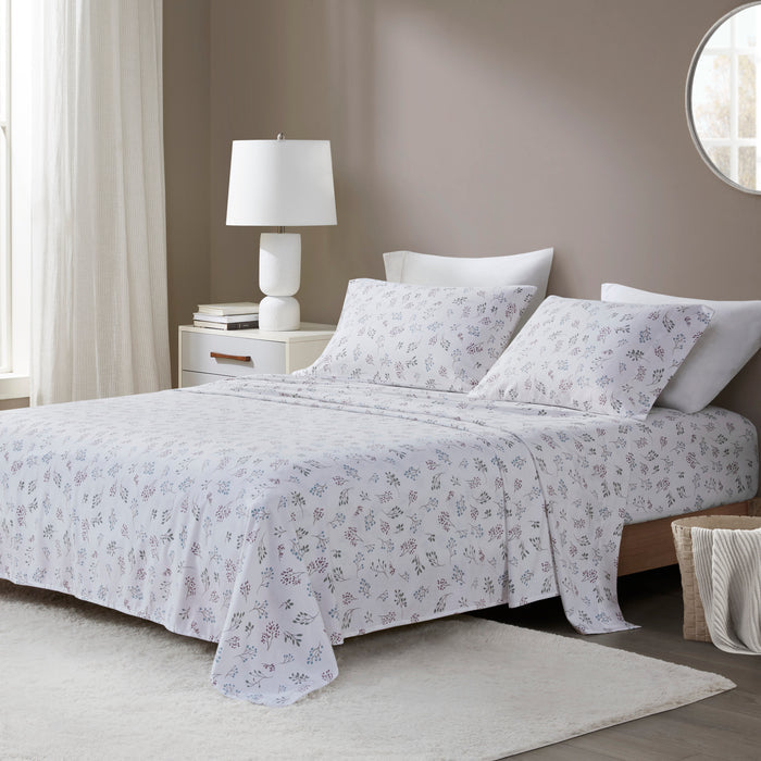 4 Pieces King 100% Cotton Printed Sheet Set,White Tossed Botanical