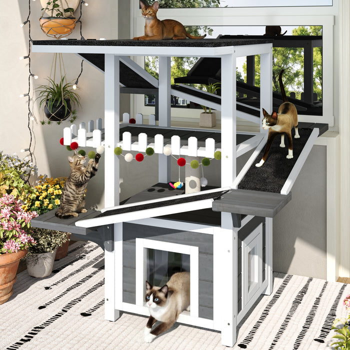 4 Tiers Outdoor Cat House Weatherproof Cat Tree Tower with Waterproof Roof and 2 Doors , Feral Cat Shelter Outside Enclosure, Multi-Level Play Zones with Balcony, for Small Animals, Grey+ White