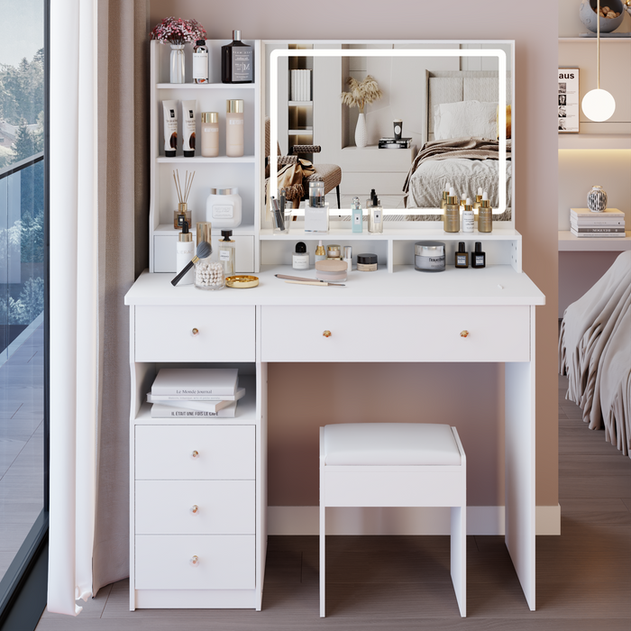41' Large Sized Desktop Vanity Table + Cushioned Stool, Oversized desktop, Large Touch Control LED Mirror, 3-color Switch, Multi Layer High Capacity Storage Fashion Dresser, EPA, GCC, UL Certificate