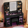 43.2' Vanity Desk with LED Mirror and Lights, Glass Top Vanity with RGB Glass Light Cabinets, Dressing Table with 3 Drawers ,Storage Shelves and Stool for Bedroom, Black