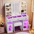 43.2' Vanity Desk with LED Mirror and Lights, Glass Top Vanity with RGB Glass Light Cabinets, Dressing Table with 3 Drawers ,Storage Shelves and Stool for Bedroom, White