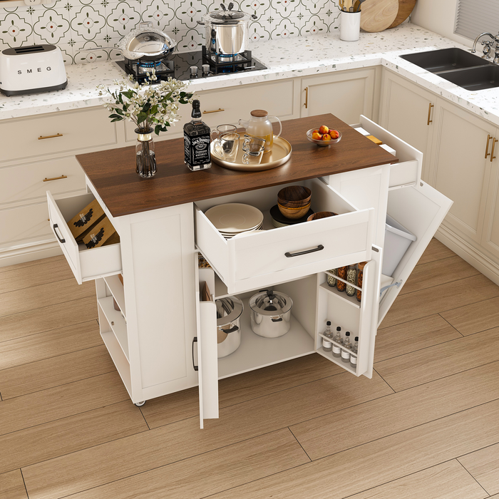 46' Kitchen Island on Wheels with Storage & Power Outlet - Movable Rustic Breakfast Bar Table, Wood Top with Adjustable Shelf & Drawer for Kitchen Dining Living Room, White